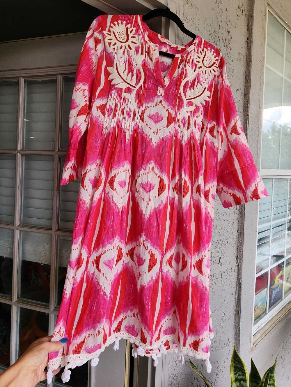 Soft Surroundings Embroidered Beades Pink & White Tunic Dress with Pom Trim B12